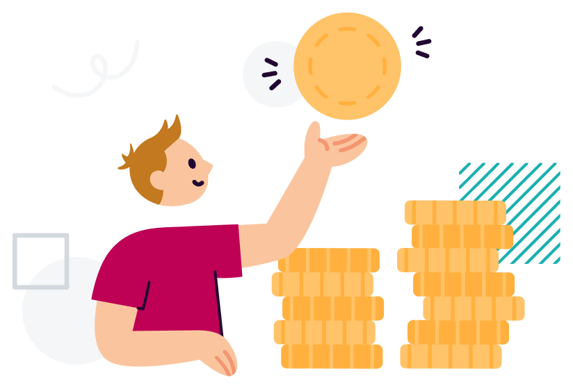 Cartoon man holding up a giant coin while sitting next to a pile of coins which represents the sales you can drive with WhatsApp