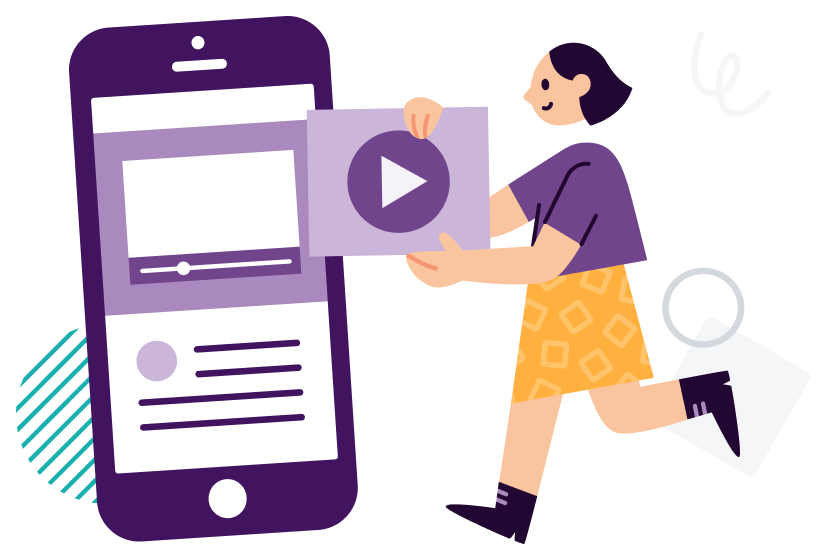 A cartoon woman holding a video icon, showcasing the rich messaging capability of WhatsApp