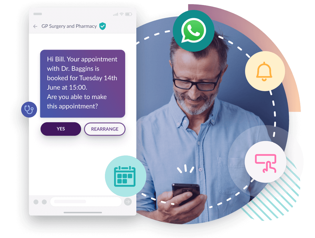 A graphic of a text message conversation on a phone screen and a man looking at his phone to represent RCS messaging