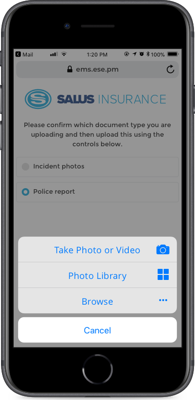 A demo of uploading photo via Mobile Journey of an insurance company