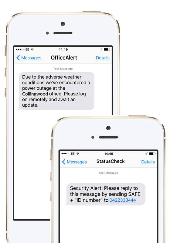 Two smart phones one showing a SMS of Status Check, the other showing a SMS of a Office Alert
