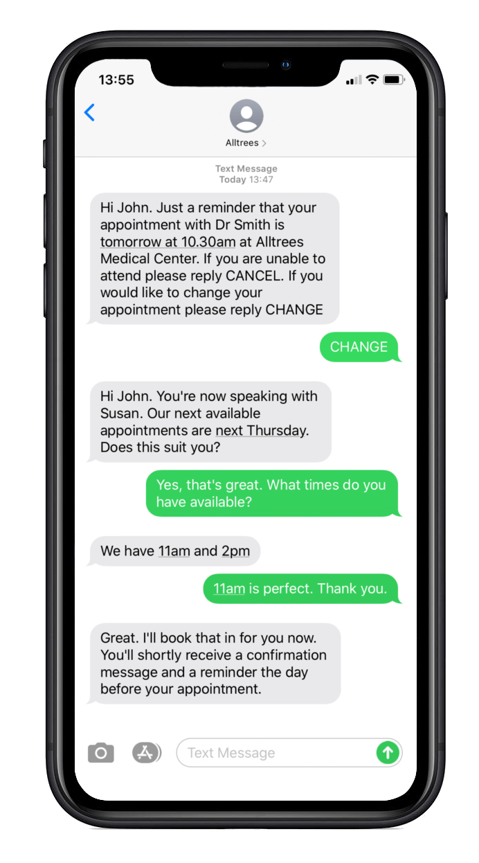 A smartphone showing conversations between a clinic and patients changing appointment time