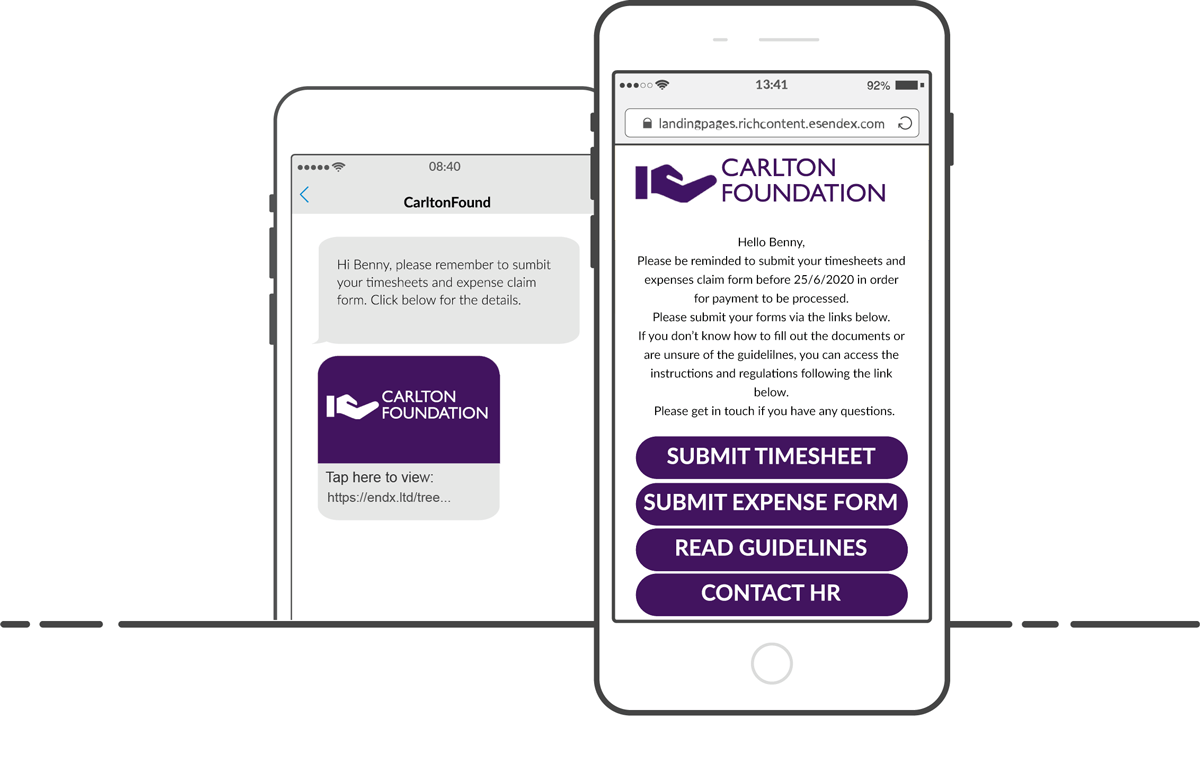 An illustration of two phones, one with an SMS the other has an SMS Landing Page reminding staff to submit claim forms and timesheets before the end of the month