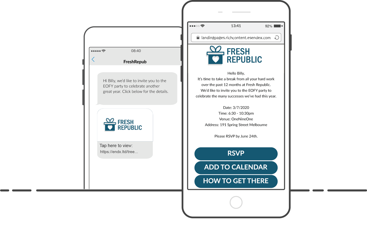 An illustration of two phones, one with an SMS the other has an SMS Landing Page with an invitation to the EOFY party