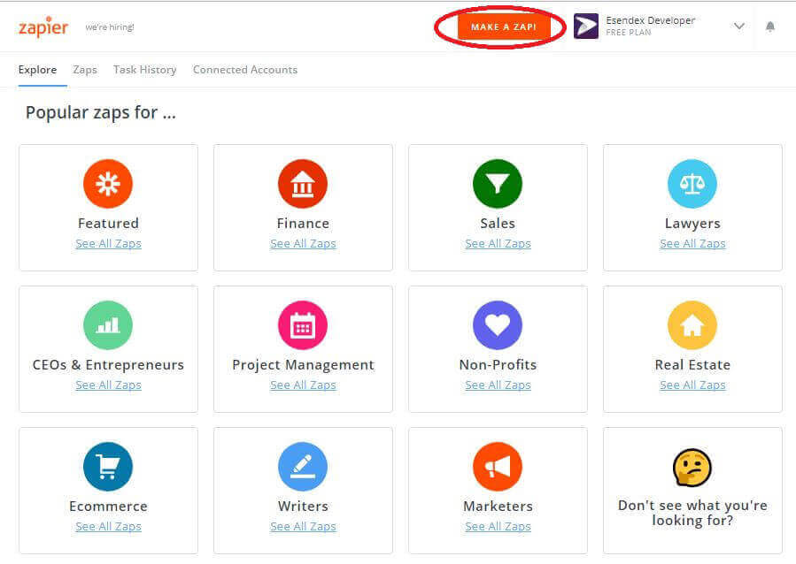 Screen shot show the "make a zap" button on Zapier website