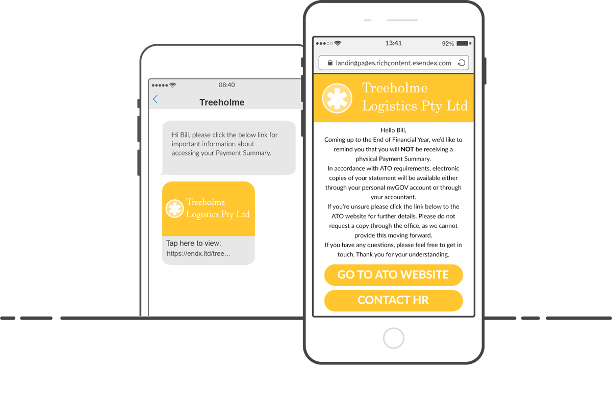 An illustration of two phones, one with an SMS the other has an SMS Landing Page reminding staff how to access their payment summary in line with ATO changes