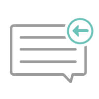An illustration of a speech bubble with a arrow pointing left inside a circle on the top right hand corner