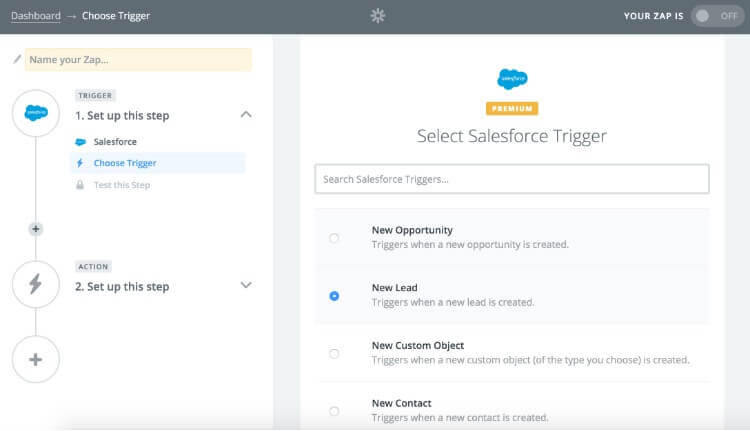 Screenshot of how to select a Salesforce trigger in Zapier