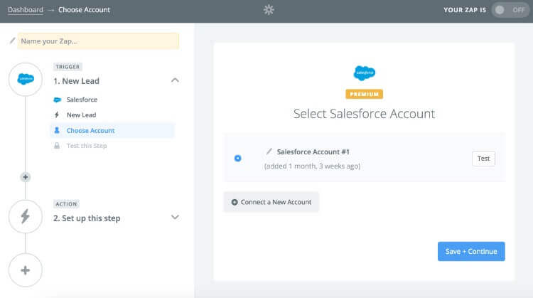 Screenshot on how to connect your Salesforce account in Zapier