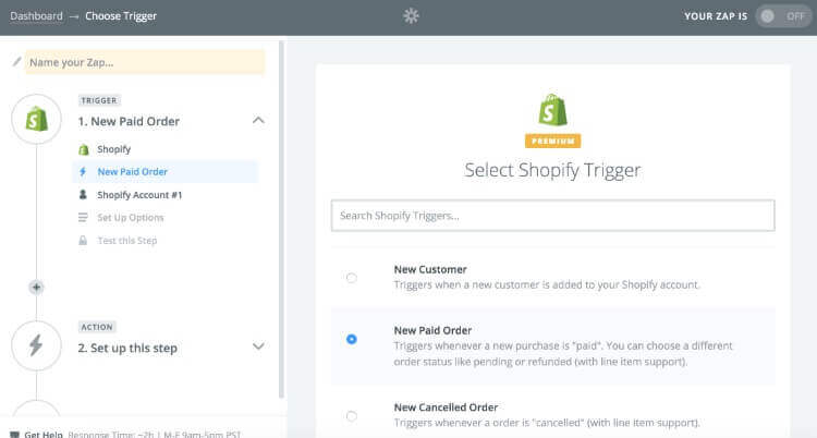 Screenshot of how to select the Shopify trigger in Zapier