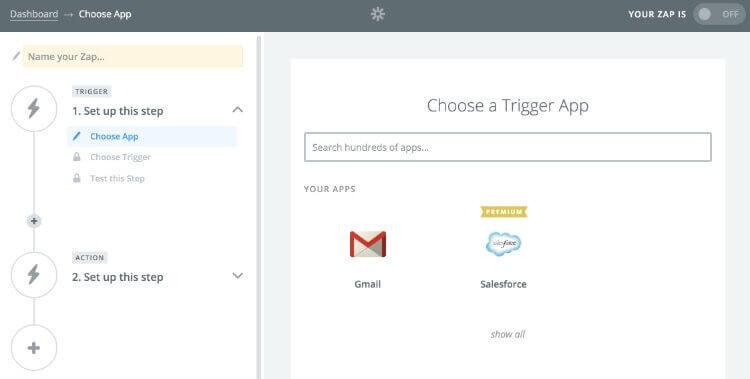 Screen shot of choosing a trigger app on Zapier website