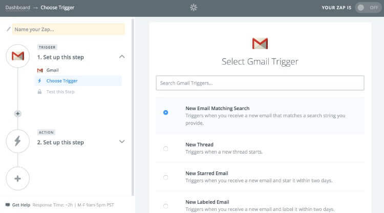 Screen shot of choosing the Gmail Trigger on Zapier website