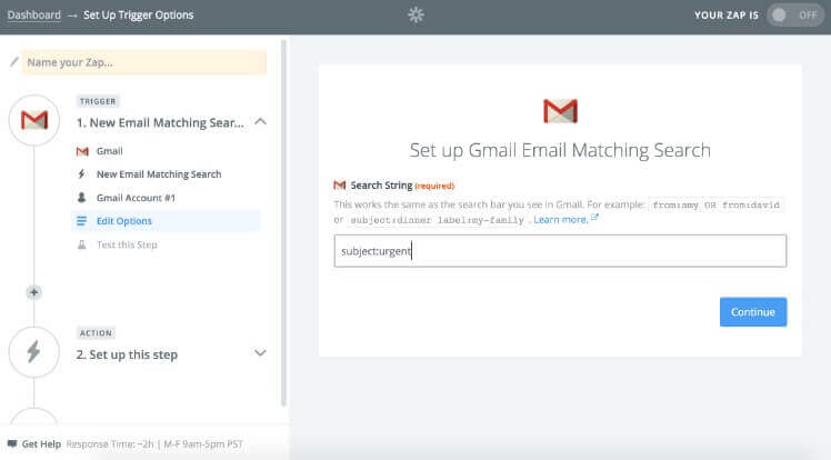 Screen shot of setting up the Gmail email matching search on Zapier website