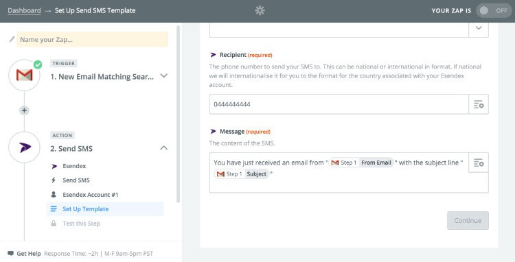 screen shot of setting up recipient and template on Zapier website