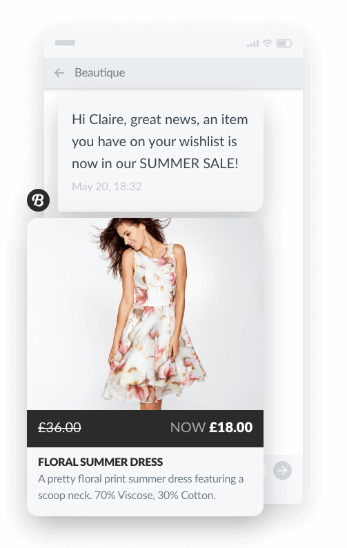 text message on a phone that says "Hi Claire, great news, an item you have on your wish list is now in our SUMMER SALE!"