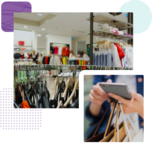 A retail store, matched with a link for a case study about Black Pepper. There is a person, them have nice nails and shopping bags, they are on their phone.