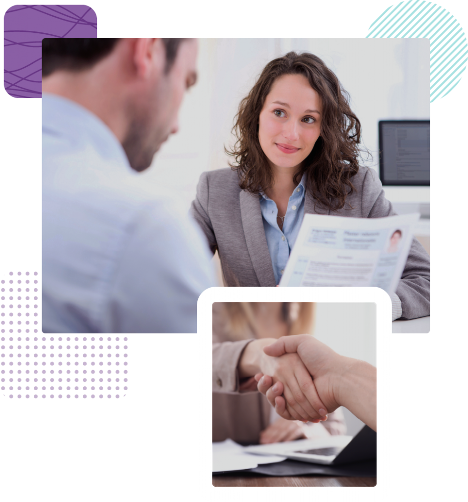 two pictures showing a candidate at an interview shaking hands