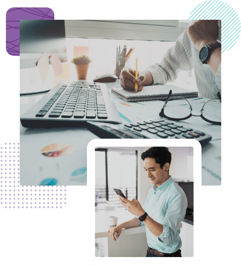 Photographs showing individual on mobile and individual at desk with notepad, pencil and calculator