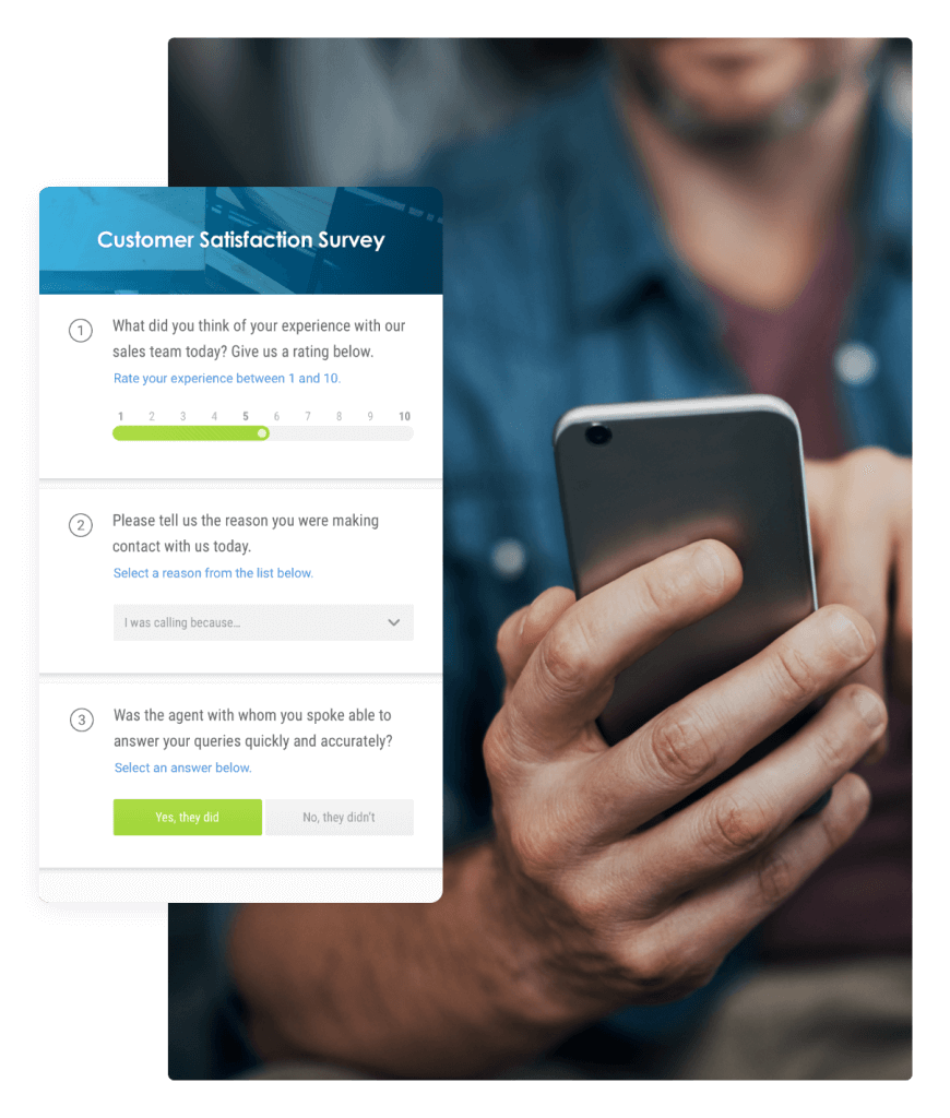 There is a person, they have a beard so potentially a man. He is holding a photo. He is wearing a blue shirt. There is a display of what he can see. It is a mobile optimised journey displaying 'Customer Satisfaction Surveys' with Likert scales, drop down questions and yes or no questions.