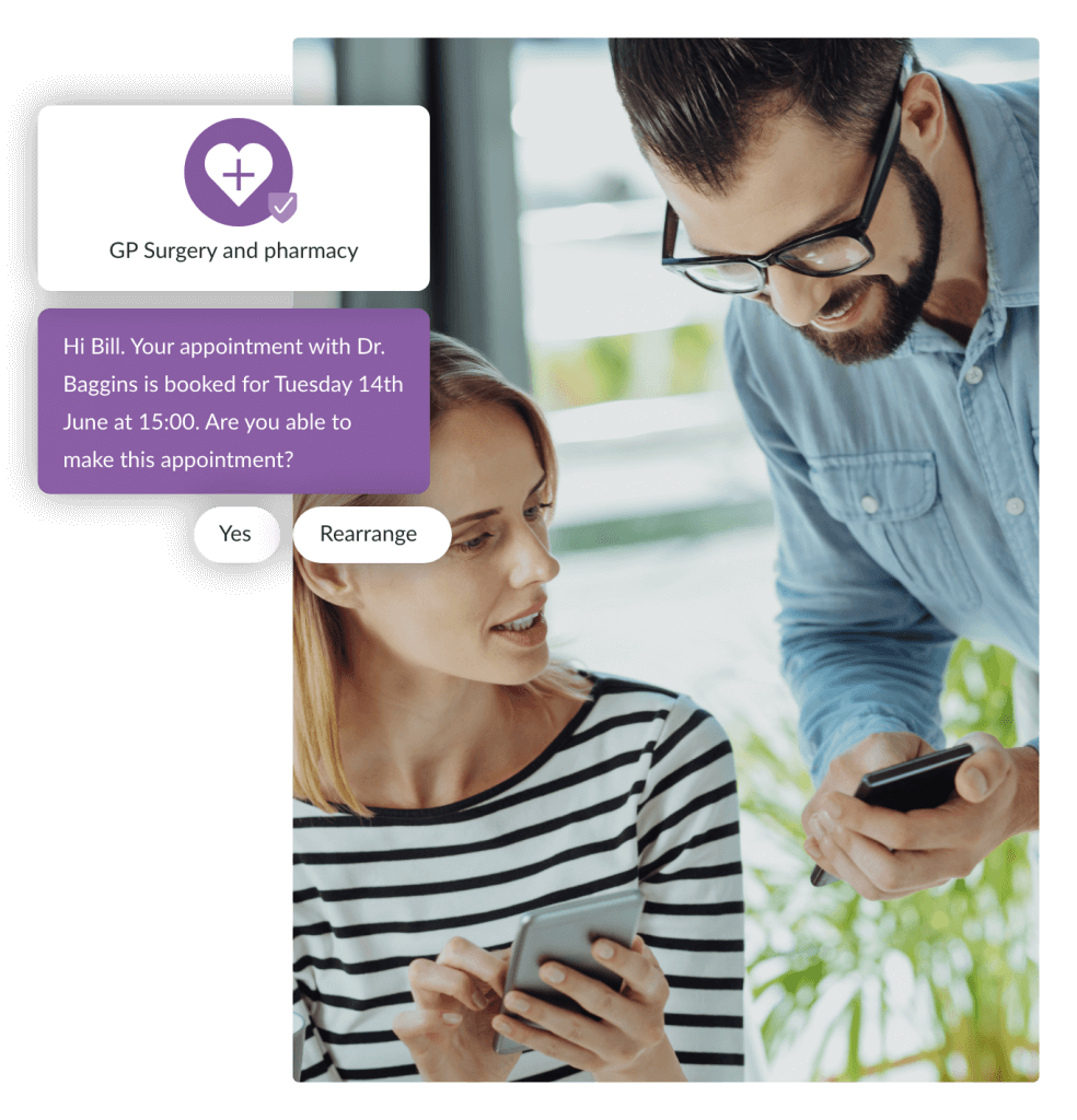 Lady and man both holding mobile phones. With message to recipient asking if they are still able to make their appointment, giving the option to reschedule